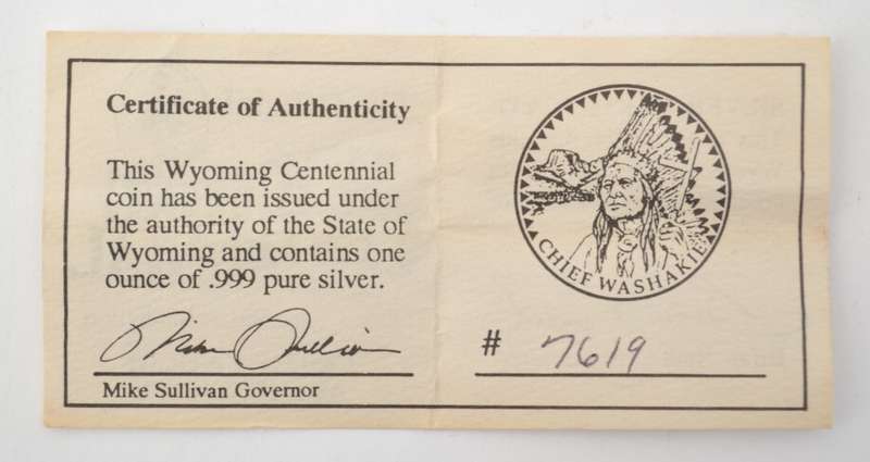 1990 Equality State of Wyoming 1 Ounce Silver Medallion as per photo