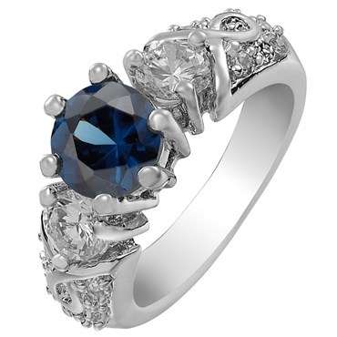 **STUNNING WHITE GOLD ROUND CUT BLUE SAPPHIRE & SIMULATED DIAMOND RING**