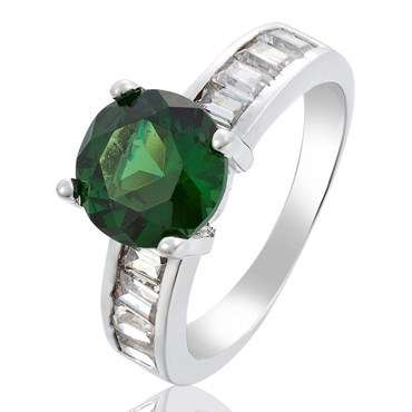 **SPARKLING CLASSIC ROUND CUT GREEN EMERALD RING SET IN 18CT WHITE GOLD**