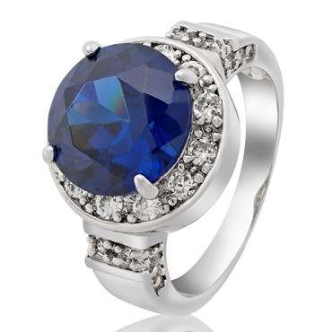 **DESIGNER WHITE GOLD ROUND CUT BLUE SAPPHIRE COCKTAIL RING**