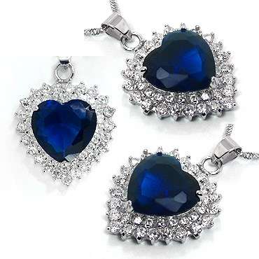 **STUNNING WHITE GOLD BLUE SAPPHIRE HEART PENDANT WITH CHAIN**