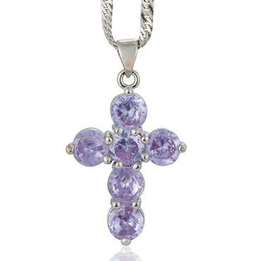**STUNNING WHITE GOLD TANZANITE CROSS  PENDANT WITH CHAIN**