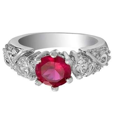 **STUNNING WHITE GOLD ROUND CUT SIMULATED DIAMOND AND RUBY  RING**