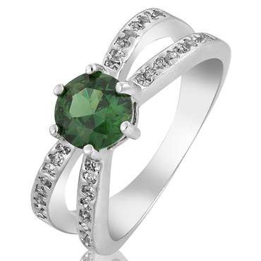 **CLASSIC WHITE GOLD ROUND CUT GREEN EMERALD  RING**