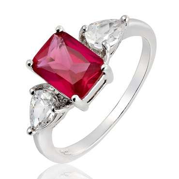 **DESIGNER WHITE GOLD EMERALD CUT RUBY RING**