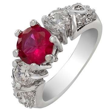 **STUNNING WHITE GOLD ROUND CUT RED RUBY & SIMULATED DIAMOND RING**