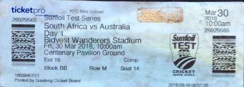 SA v AUSTRALIA SUNFOIL TEST SERIES MATCH TICKET, DAY 1, WANDERERS (30 MARCH 2018)