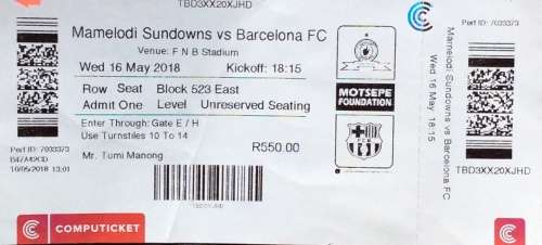 MAMELODI SUNDOWNS V BARCELONA FC MATCH TICKET (16 MAY 2018)