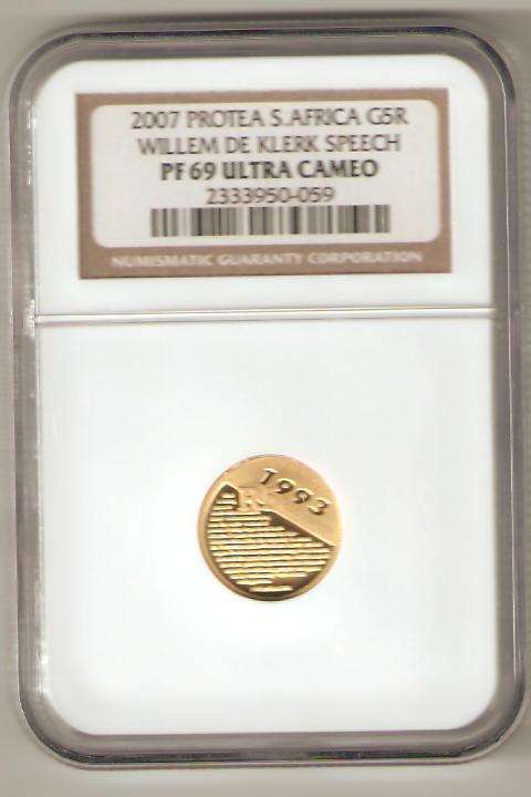 2007 DE KLERK SPEECH 1/10TH GOLD NGC PF69 @ R1 START