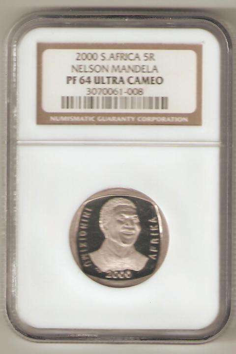 NELSON MANDELA 2000 R5 NGC GRADED PF64 ULTRA CAMEO @ R1 START