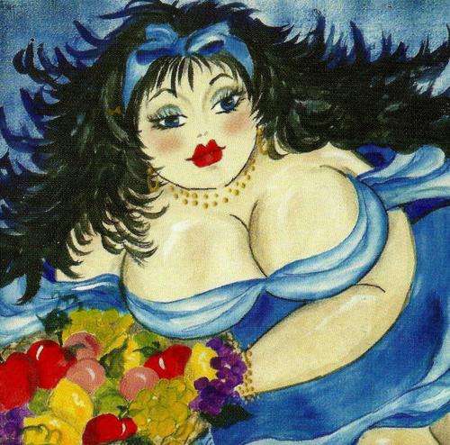 FAT LADY DECOPAGE ON WOODEN BOARD. SIZE 260X190MM