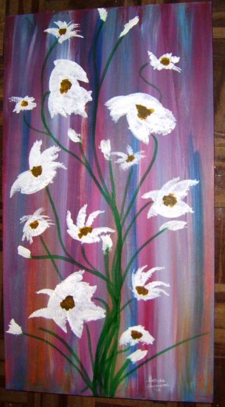 WHITE ABSTRACT -  FLOWERS ON WOODEN BOX CANVAS SIZE 600X330X30MM
