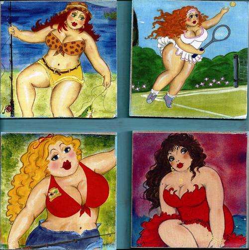 FAT LADY'S  MOUNTED ON WOODEN BOX CANVAS SIZE 200X200X30MM.