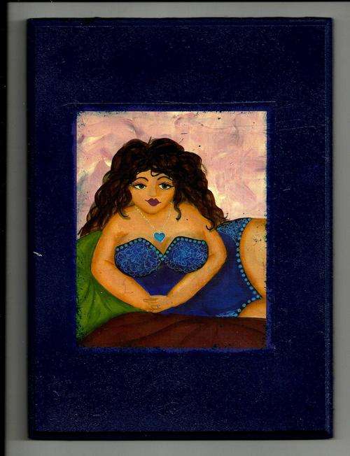 FAT LADY DECOPAGE MOUNTED ON WOODEN BLOCK. SIZE 220x160mm