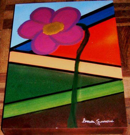 WHITE ACRYLIC FLOWER ON W00DEN BOX CANVAS SIZE 300X200MM. HANG AS IS.