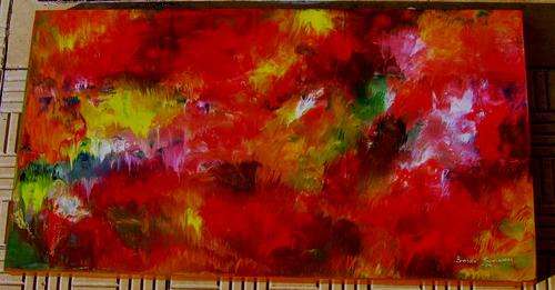 ABSTRACT ACRYLIC PAINTING ON WOODEN CANVAS BOARD, SIZE 600X330X30MM