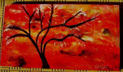 ABSTRACT TREE ON WOODEN CANVAS BOARD. SIZE 600X330X30MM