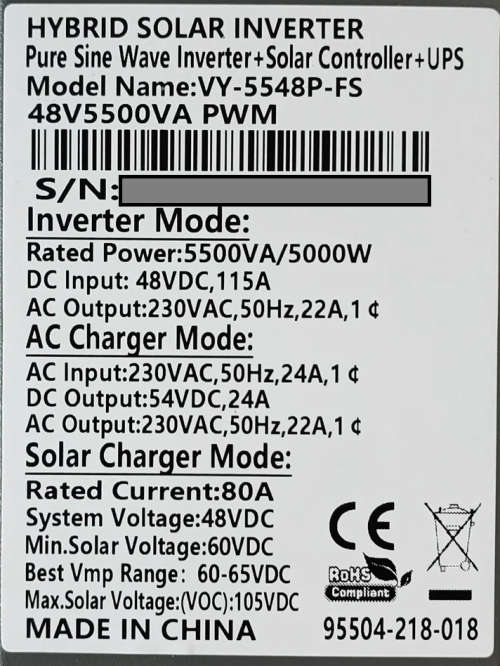 FiveStar 5.5KVA 48V Hybrid Solar Inverter 5KW  Pure Sine Wave Inverter + Solar Controller + UPS