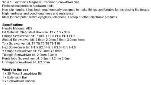 32 in 1 Precision Screwdriver Set [ Magnetic ] Non Slip Handle - Ideal for Electronics