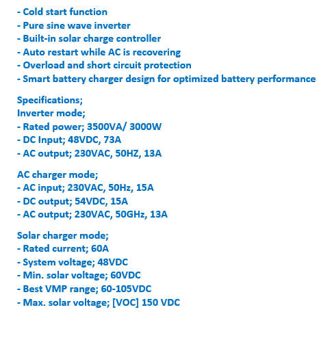 FiveStar 3.5KVA 48V 3000W Pure Sine wave Hybrid Solar Inverter Built-In 60Amp MPPT Solar Controller