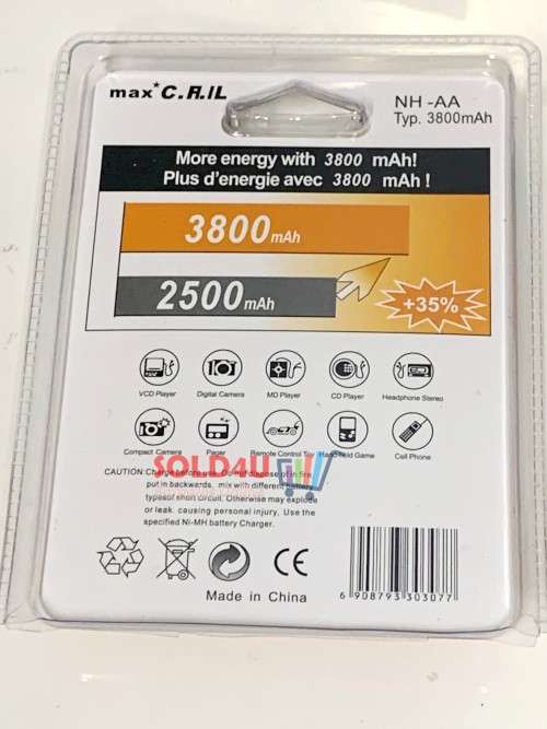 AA Ni-MH Rechargeable Batteries 3800 mAh Pack of 4