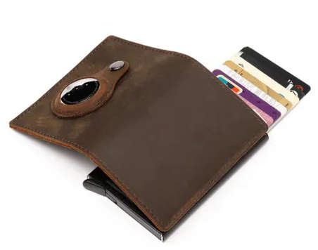Air-Tag compatible genuine leather slim wallet with RFID blocking Card holder [ Brown ]