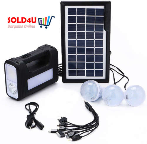 Solar Charging DC Lighting System 3 x Bulbs, Solar Panel & USB portable power station AC Charging