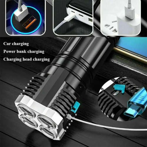 Super Bright COB LED Torch 4-Core Usb Rechargeable Flashlight