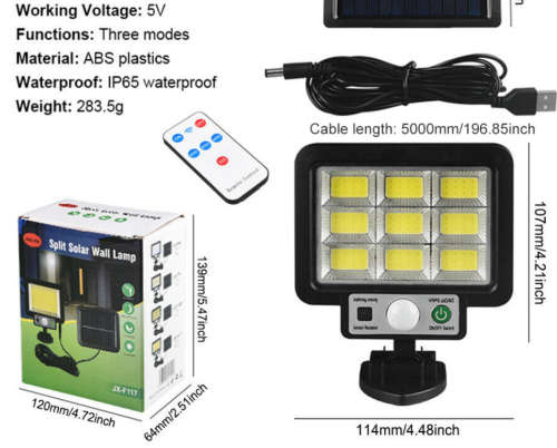9 COB LED Bright White Solar Light With Solar Panel & Motion Sensor 9-Split