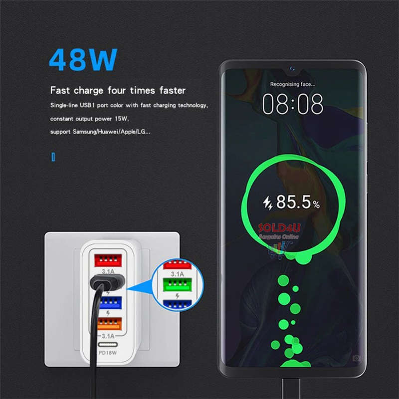 USB C Wall Charger 5 Ports 48 Watts 4XUSB+1XPD18W Fast Charging USB-C Charger TYPE-C Charger