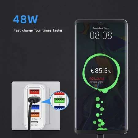 USB C Wall Charger 5 Ports 48 Watts 4XUSB+1XPD18W Fast Charging USB-C Charger TYPE-C Charger