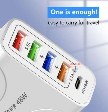 USB C Wall Charger 5 Ports 48 Watts 4XUSB+1XPD18W Fast Charging USB-C Charger TYPE-C Charger