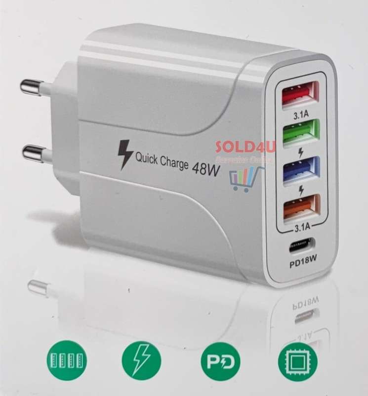 USB C Wall Charger 5 Ports 48 Watts 4XUSB+1XPD18W Fast Charging USB-C Charger TYPE-C Charger