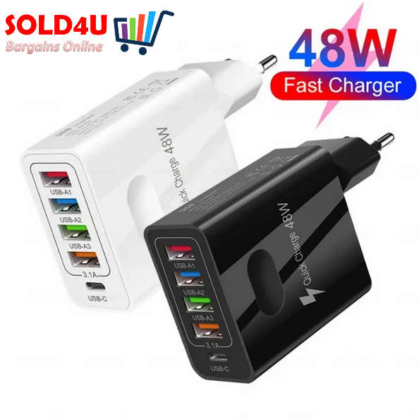 USB C Wall Charger 5 Ports 48 Watts 4XUSB+1XPD18W Fast Charging USB-C Charger TYPE-C Charger