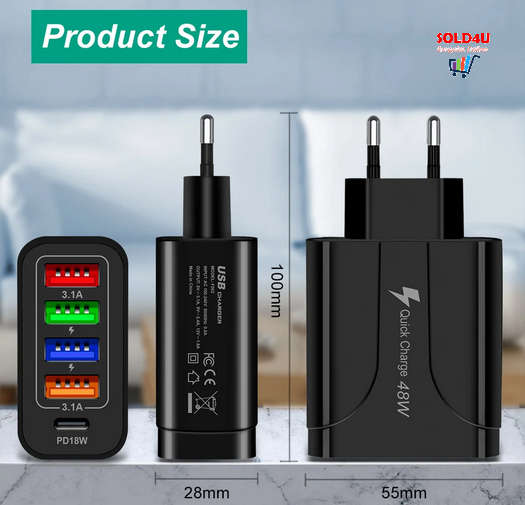 USB C Wall Charger 5 Ports 48 Watts 4XUSB+1XPD18W Fast Charging USB-C Charger TYPE-C Charger