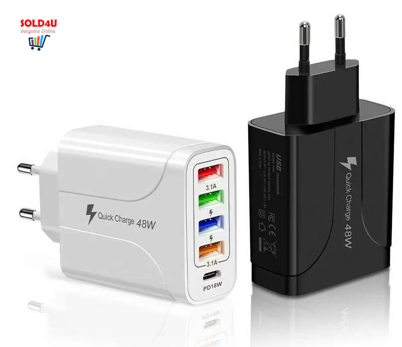 USB C Wall Charger 5 Ports 48 Watts 4XUSB+1XPD18W Fast Charging USB-C Charger TYPE-C Charger