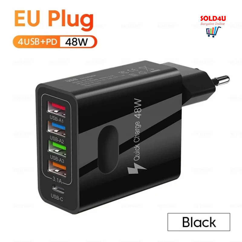 USB C Wall Charger 5 Ports 48 Watts 4XUSB+1XPD18W Fast Charging USB-C Charger TYPE-C Charger