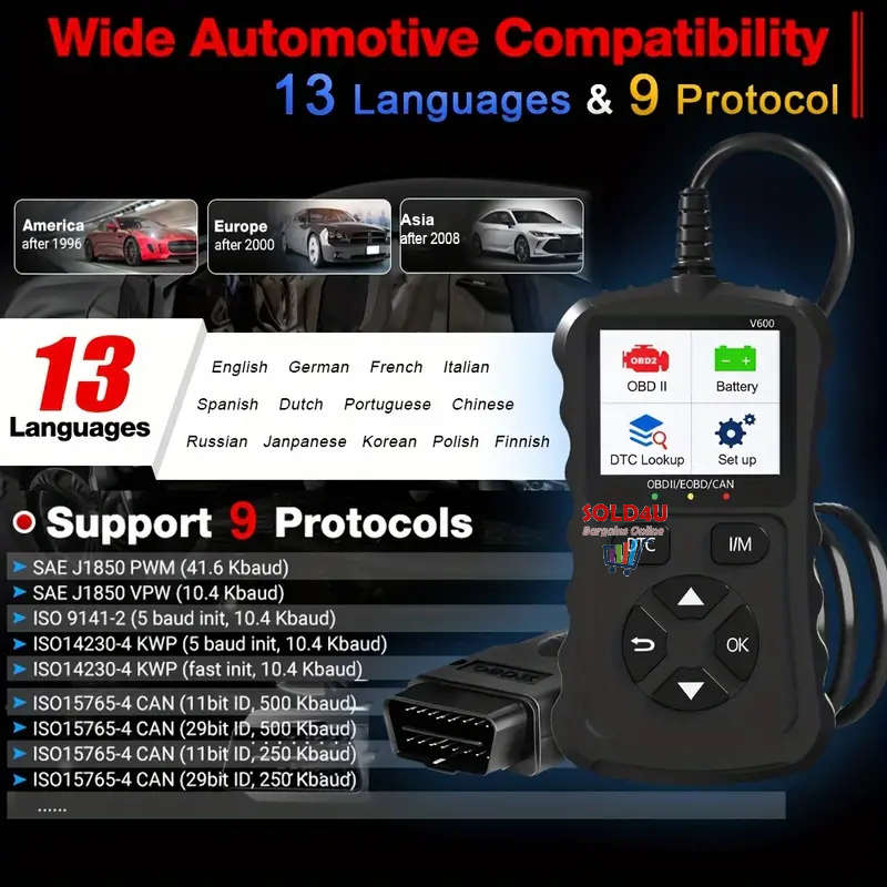 V600 1.8 inch Color Car Fault Detector Code Reader OBD2 Scanner Diagnostic Tool Car Several Models