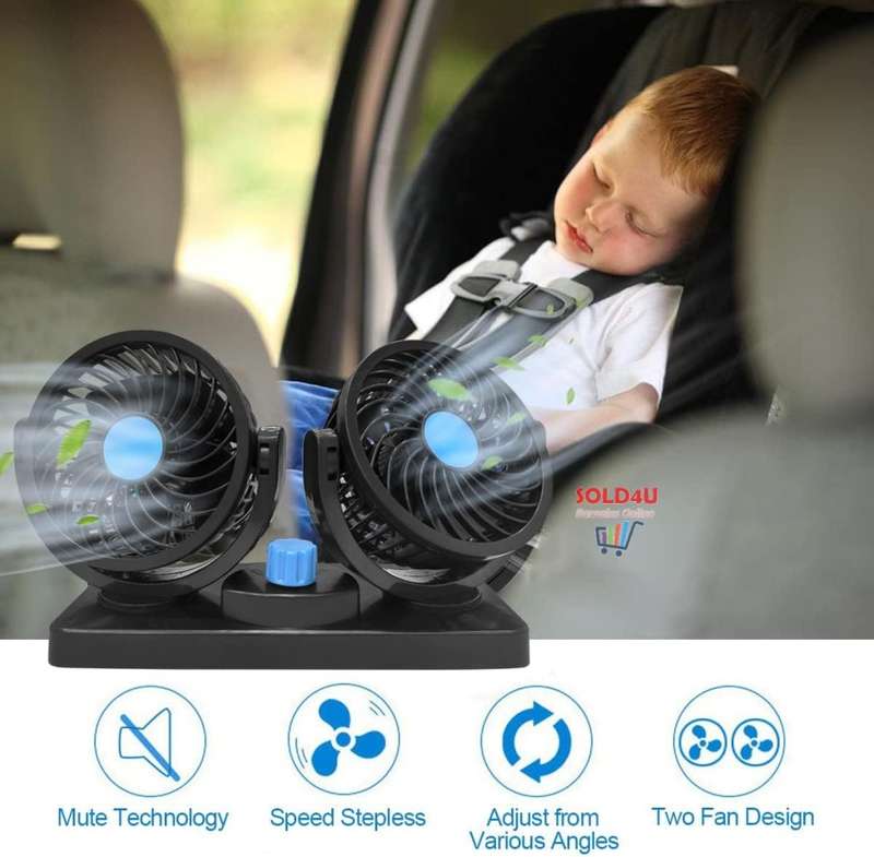 Car Fan Dual Head 2 Speed Electric Air Circulator Portable Vehicle Fan - USB PORT powered
