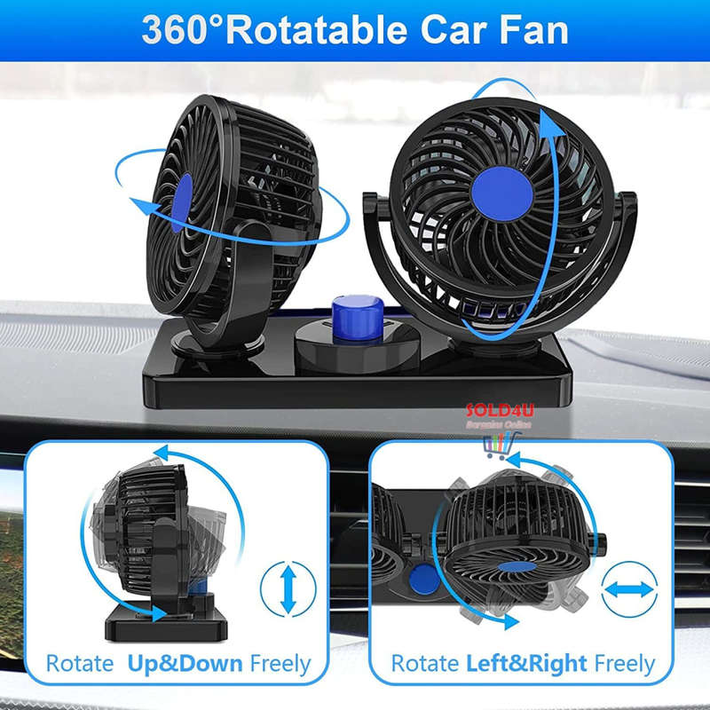 Car Fan Dual Head 2 Speed Electric Air Circulator Portable Vehicle Fan - USB PORT powered