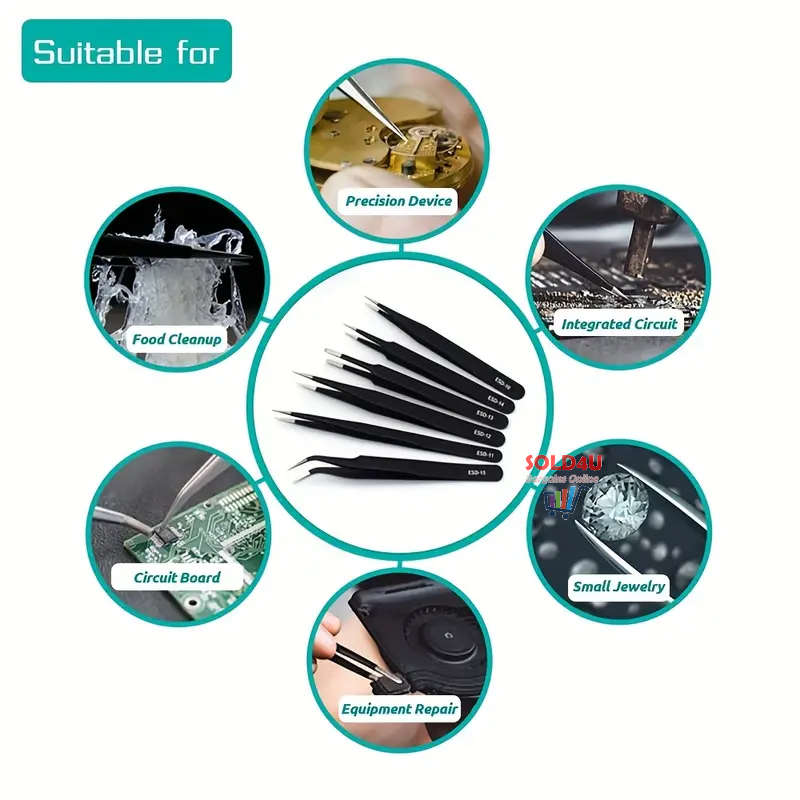 6pcs Precision Long Tweezers Set ESD Anti-Static Stainless Steel Tweezers Repair Tools