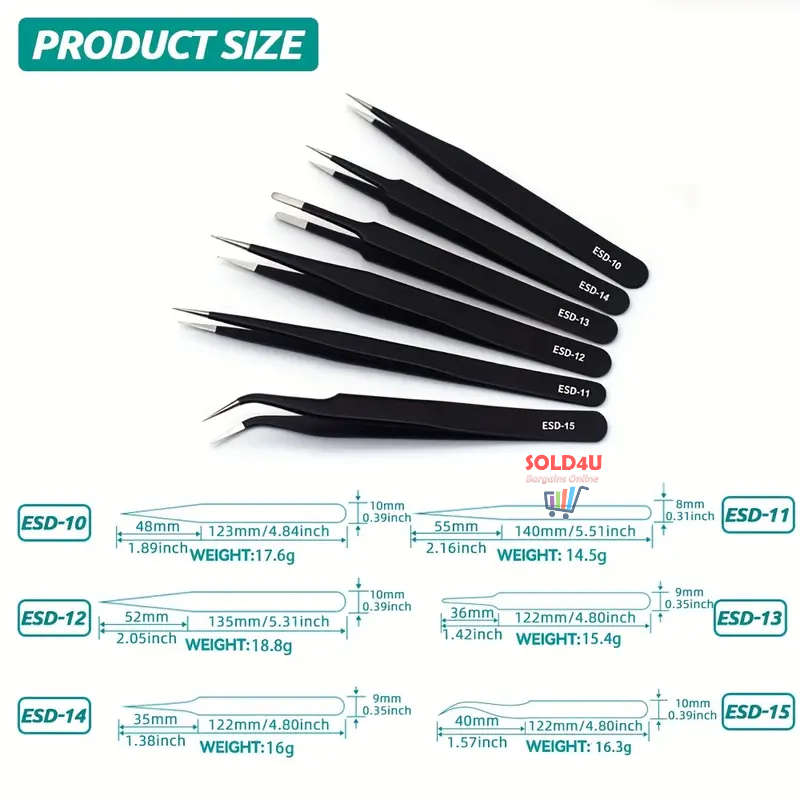 6pcs Precision Long Tweezers Set ESD Anti-Static Stainless Steel Tweezers Repair Tools