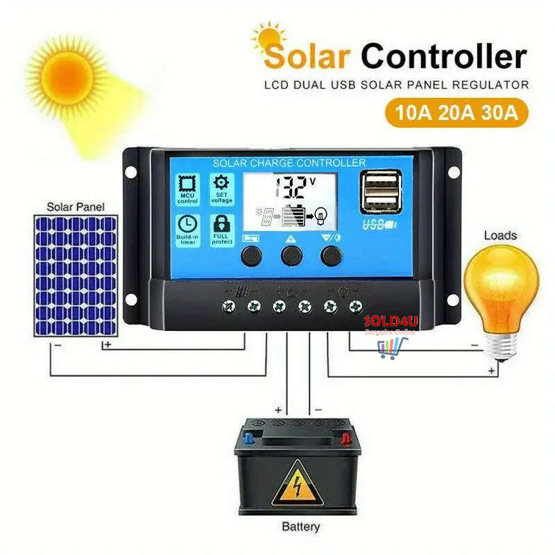 Solar Charge Controller PWM 12V/24V Auto Adapt Voltage 10A USB 5V Intelligent LCD Display