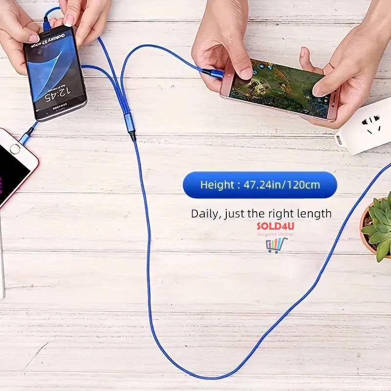 Fast Charging USB Cable Nylon Braided 3in1 Compatible with iPhone Samsung Xiaomi (Random Colours)