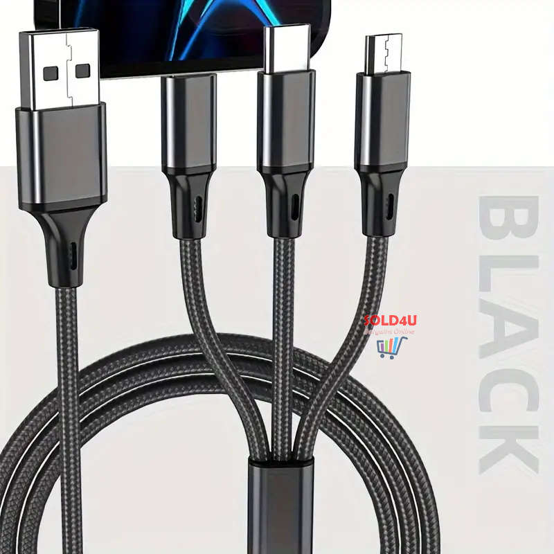 Fast Charging USB Cable Nylon Braided 3in1 Compatible with iPhone Samsung Xiaomi (Random Colours)