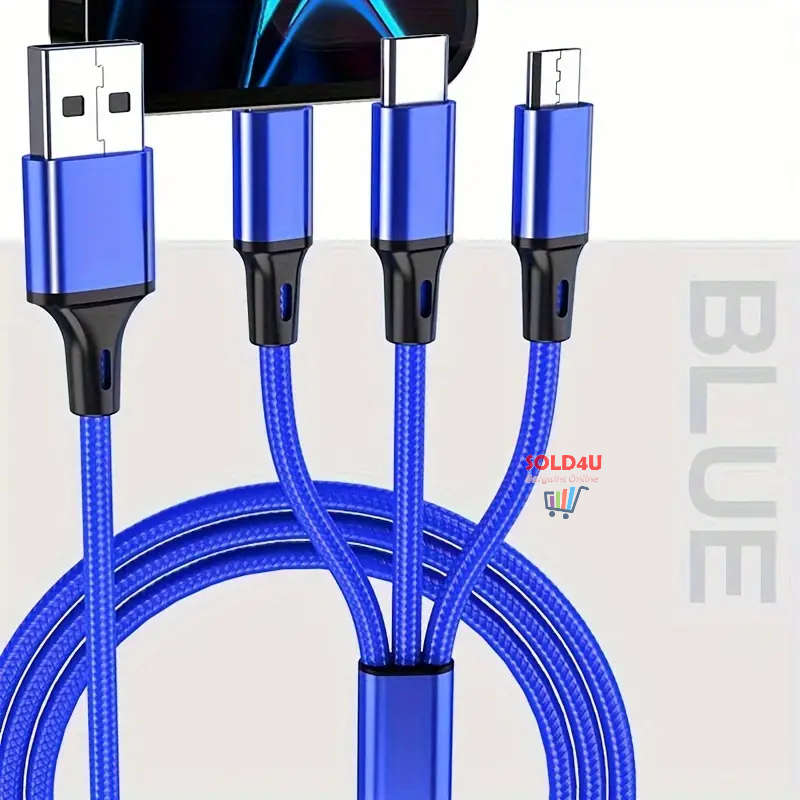 Fast Charging USB Cable Nylon Braided 3in1 Compatible with iPhone Samsung Xiaomi (Random Colours)