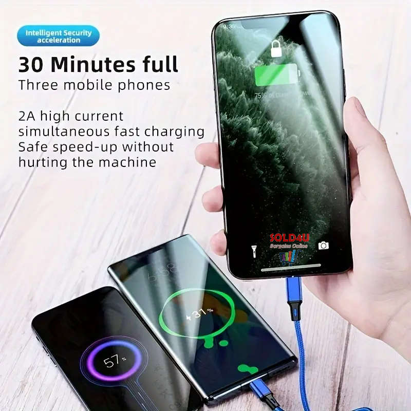 Fast Charging USB Cable Nylon Braided 3in1 Compatible with iPhone Samsung Xiaomi (Random Colours)