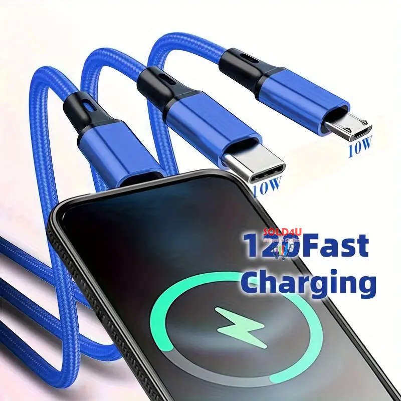 Fast Charging USB Cable Nylon Braided 3in1 Compatible with iPhone Samsung Xiaomi (Random Colours)
