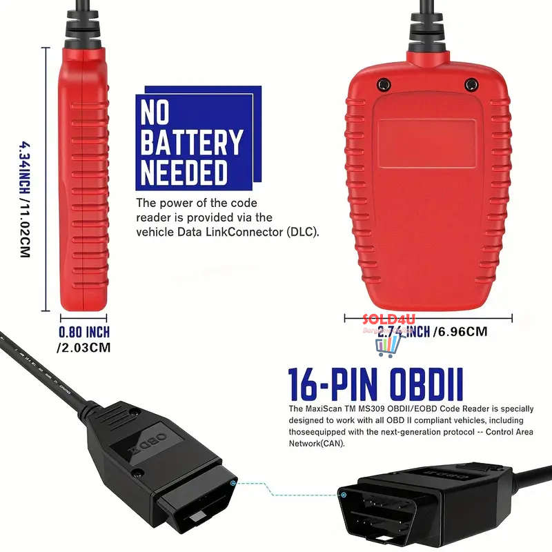 MS309 Car Fault Detector Code Reader OBD2 Scanner Diagnostic Tool Car Several Models (Red or Black)