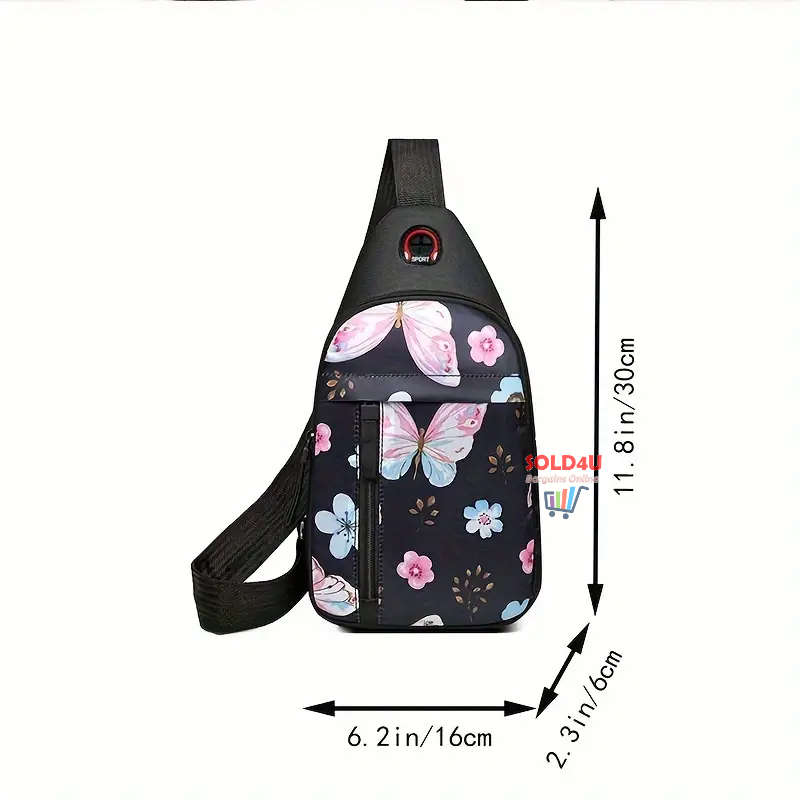 Chest Bag Single Shoulder Crossbody Bag With Earphone Hole (Butterfly) Nylon Lightweight Sling Bag